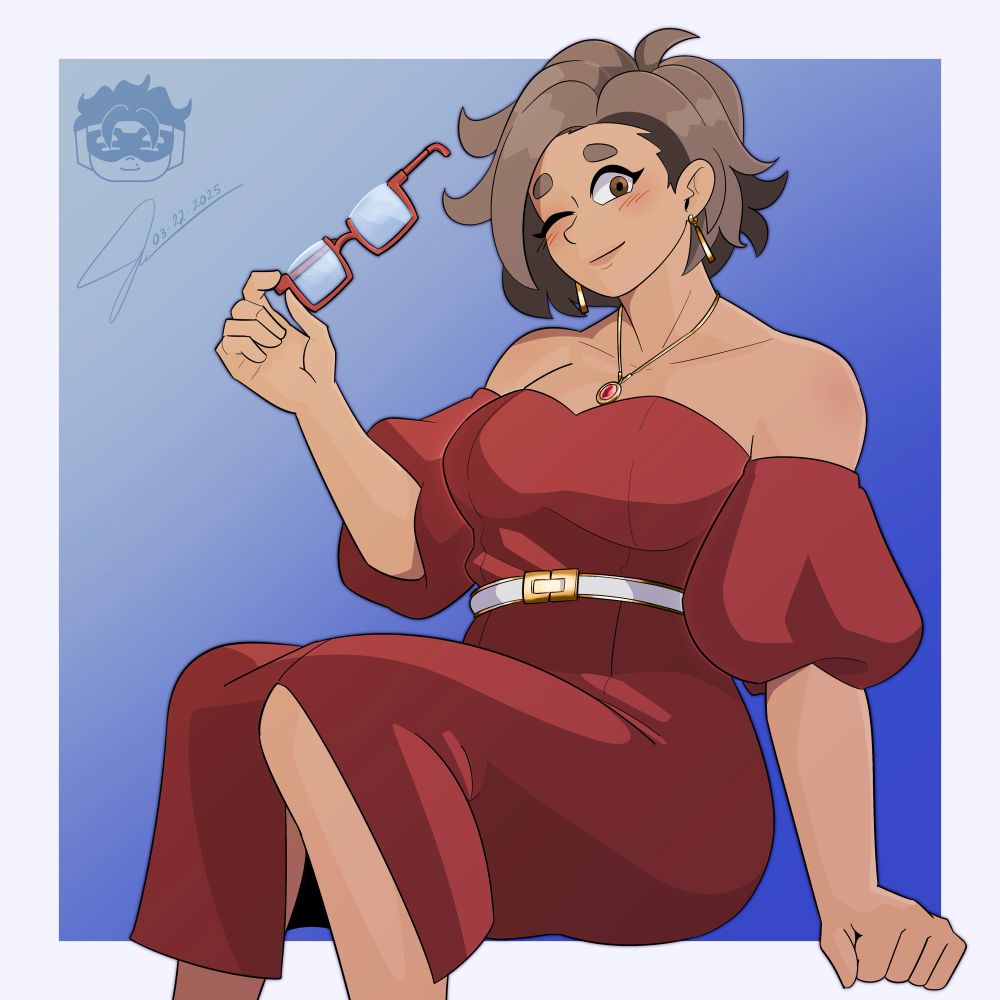 Magdalena wearing a red off shoulder style dress, with a white and gold belt. She is also wearing gold earrings and holding her eyeglasses 