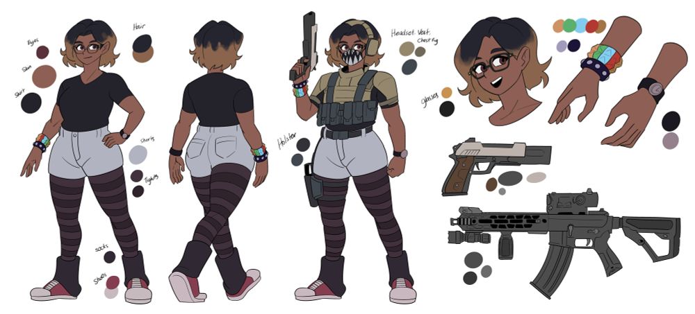 Reference sheet of a woman with dark skin, wearing casual clothes, with an alternate outfit consisting tactical gear.