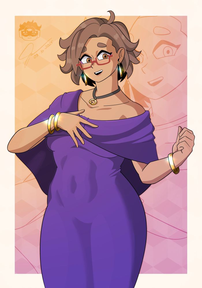Magdalena wearing a purple dress with loose shawl style sleeves (She needs help adjusting it back)
