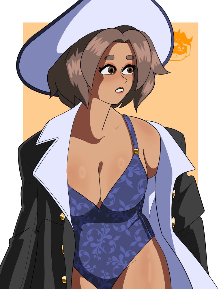 Magdalena wearing a blue swimsuit under a dark coat, with a dark blue hat