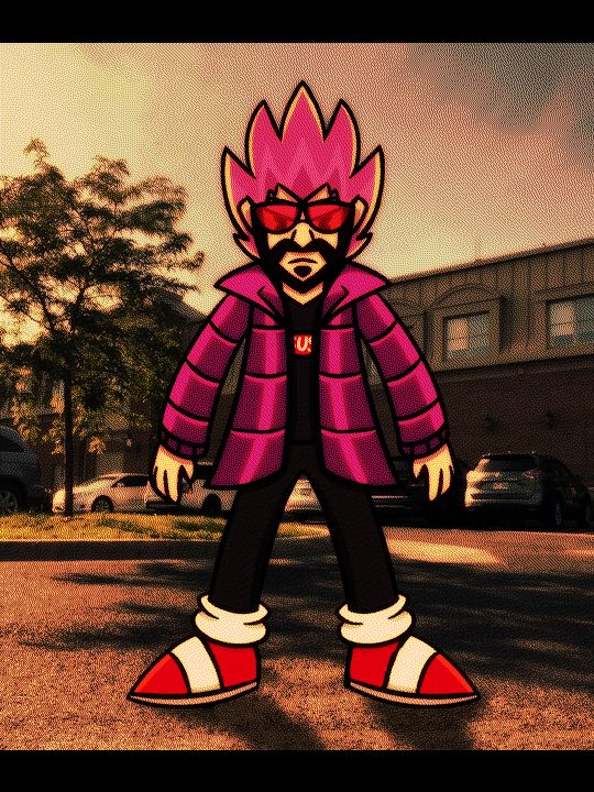 fanart do personagem representação do Fadel do canal GamesGage, em uma pose postura reta em um fundo de por do sol com cara séria

fanart of the character representing Fadel from the GamesCage channel, in a serious stance pose in a sunset background with a serious face