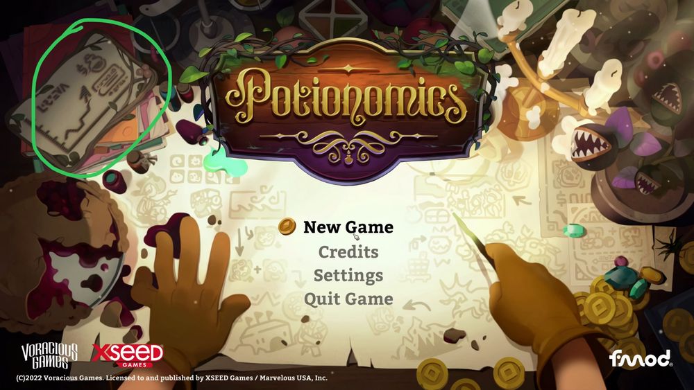 A screenshot of the Potionomics title screen. Beneath the logo, there is a broad piece of paper covered in doodles and symbols. A half-eaten berry pie of indeterminate composition stains the left side, while a potted specimen of what appear to be Xeno Noir grapes guards a pile of coins and gemstones to the right. Of note is a device on the upper left corner - a monochrome tablet showing black-and-white figures in the same style as those really old graphing calculators. It depicts a line graph trending up alongside a potion symbol and some text in an unreadable script. Aside from the leafy branches framing the screen, it kind of looks like if Texas Instruments made reading tablets. 