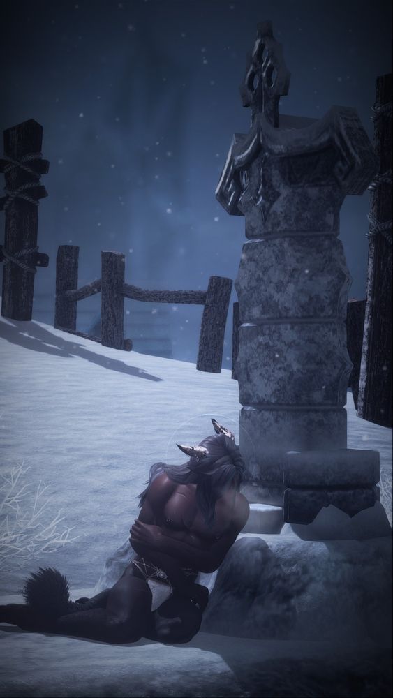 erewhile. formerly. oz relanah, a miqo'te masc, lays slumped against a frozen grave, the headstone veiled with frost. they are bare, save for delicate white undergarments and golden ear cuffs. their face is unseen, head lowered and turned away. their breath casts mist into the air, and they hold themselves close, arms clutched tight against their body.