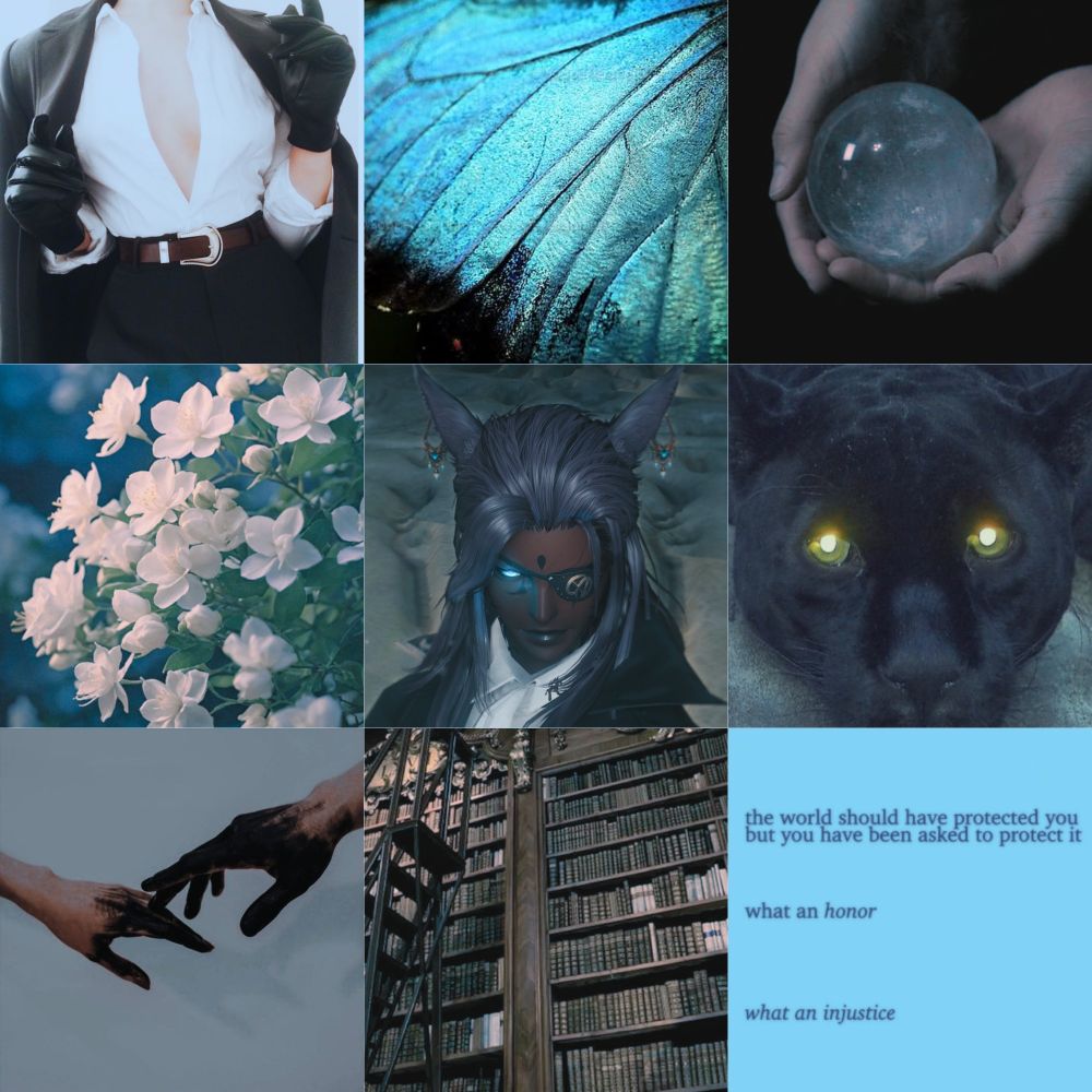 a moodboard image split into nine (9) equal squares, each meant to represent or invoke something about Oz Relanah. from left to right, top to bottom:

clothing: a faceless figure is dressed in an open, white dress shirt with rolled sleeves, black belted trousers, black leather gloves, and a black blazer draped over their shoulders.

color: a close-up of a morpho butterfly wing.

eyes: a pair of hands cradle a milky glass orb, misty opacity swirling beneath its surface.

flower: night-blooming jasmine, pure white on a sea of blue.

oc: a cropped portrait of Oz Relanah, miqo'te masc.

animal: a melanistic jaguar stares into camera, pupils bright with tapetum lucidum.

they've gone rogue: two ink-stained hands reach for each other. both are stained black past the fingers.

place: a pair of tall, wooden bookshelves in a grand library, their shelves full to near bursting. a ladder stands by.

quote: 
the world should have protected you
but you have been asked to protect it

what an honor

what an injustice