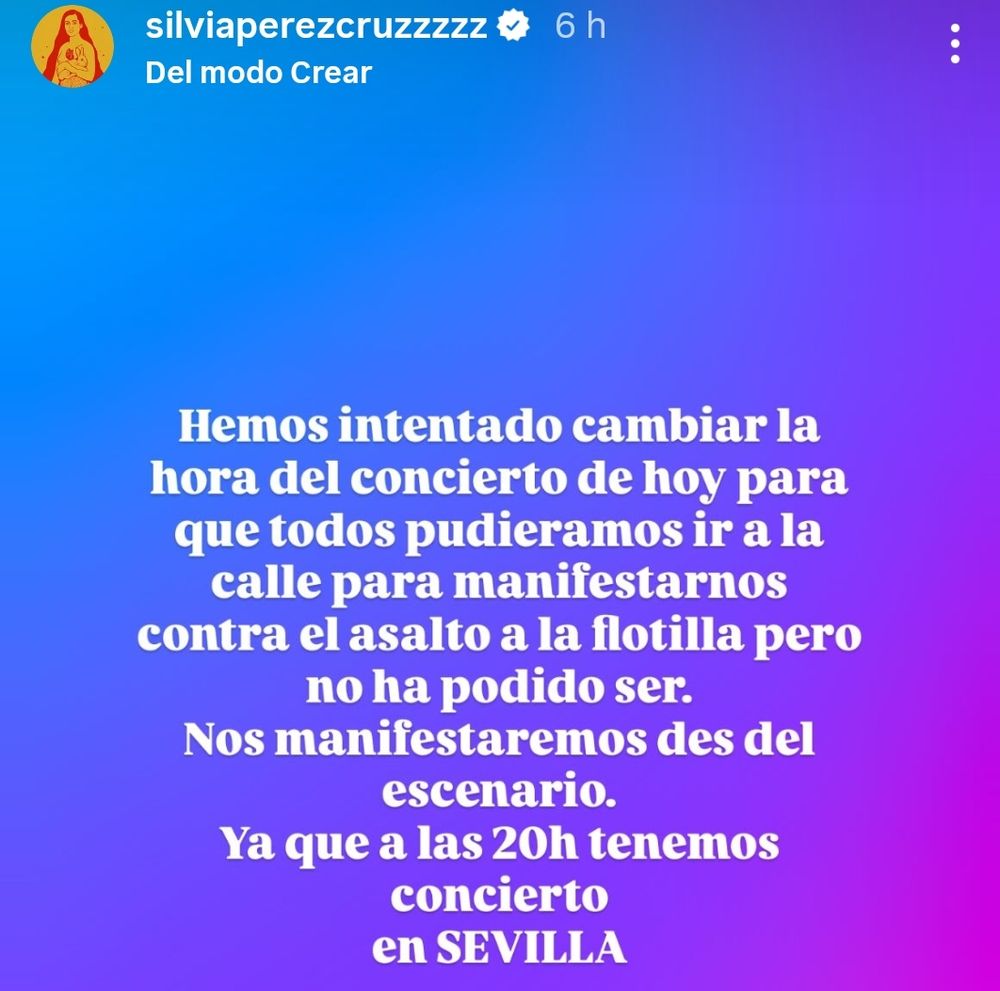 Silvia Pérez Cruz avisando en una story que intentaron cambiar la hora del concierto para no coincidir con la manifestación por la flotilla a Gaza.