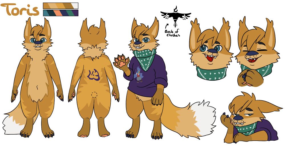 A Reference-Sheet of Toris the Taidum with a front, back and semi side-view. The semi sideview showing him clothed in a dark violet sweater with a green bandana.
On the right side are three Stickers showing different emotions, happy, tired and thankful.