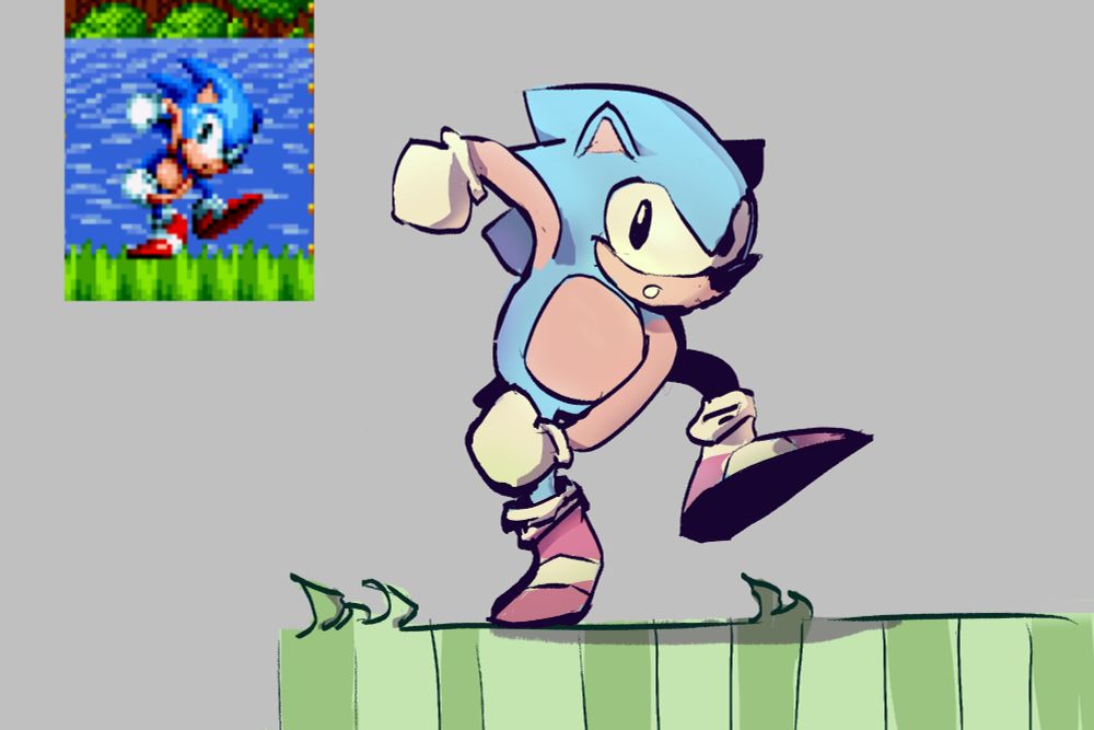 Desenho colorido do Sonic onde ele está fazendo uma pose indicando que ele irá correr. A sua esquerda tem uma screenshot de um sprite dele em Sonic Mania fazendo essa mesma pose, servindo como referência para esse desenho.