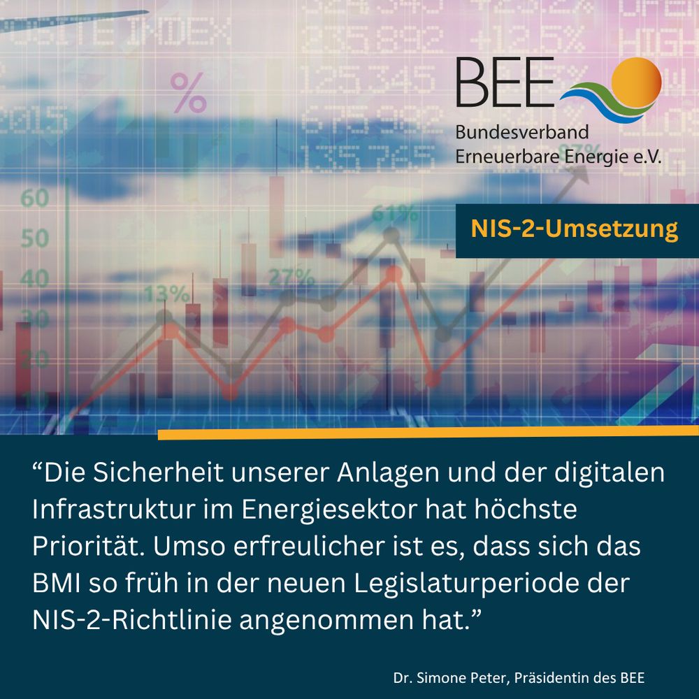 Grafik mit folgendem Zitat: “Die Sicherheit unserer Anlagen und der digitalen Infrastruktur im Energiesektor hat höchste Priorität. Umso erfreulicher ist es, dass sich das BMI so früh in der neuen Legislaturperiode der NIS-2-Richtlinie angenommen hat.”