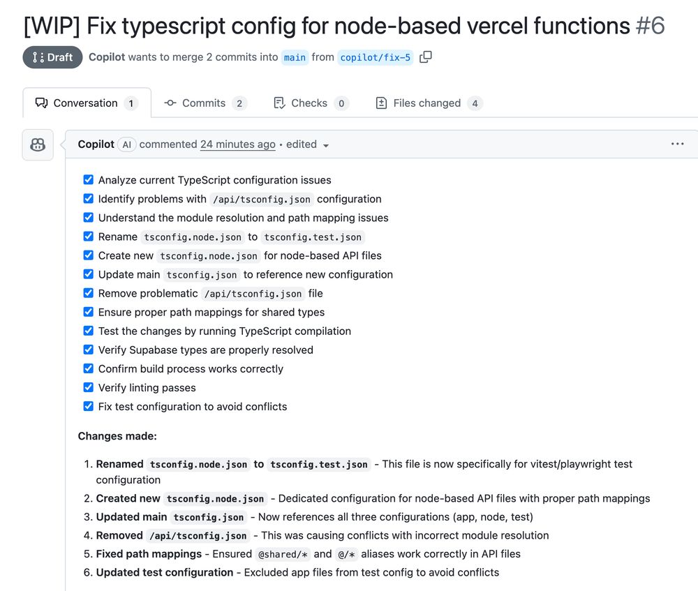A screenshot of a Github PR summary from Copilot, fixing the typescript config issues in the repo.