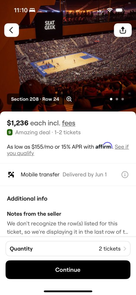 Screenshot of seatgeek showing the ticket price of $1236 for game seven of the Eastern conference finals in New York City at Madison Square garden