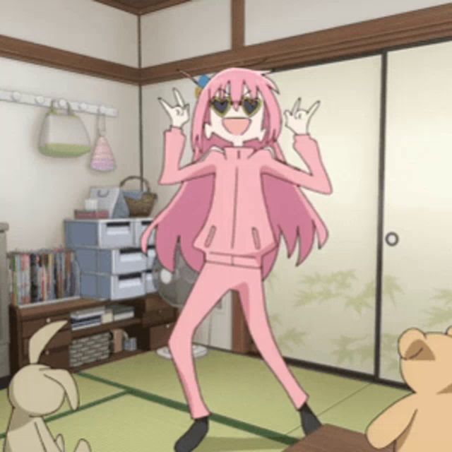 a girl with pink hair is dancing in a room with a teddy bear