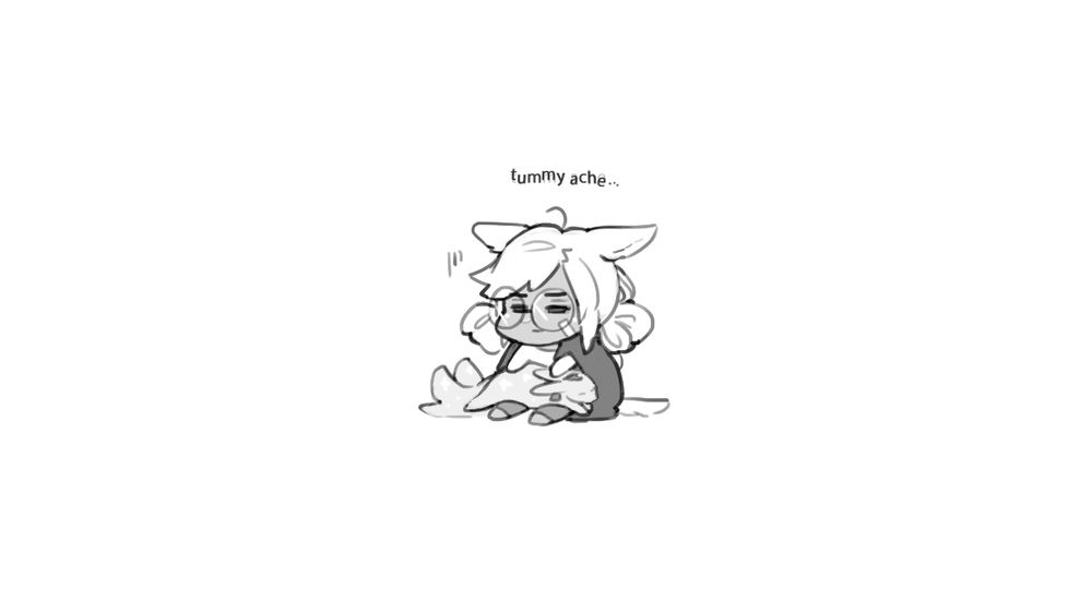 Greyscale chibi doodle of xivoc Noelle wrapped up in a blanket with her carbuncle on her lap sleeping. There's wiggly looking text that says "tummy ache...".