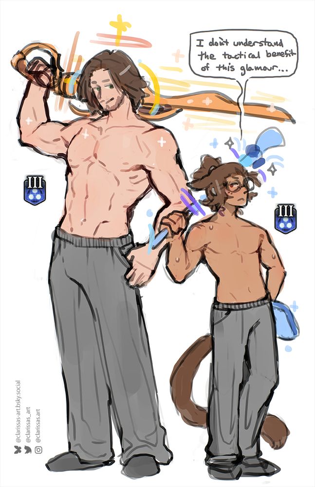 Doodle of a male highlander WoL and miqo'te WoL wearing a glamour inspired by the notorious grey sweatpants trend. They each have the "Third in Line" debuff. There's written text from the miqo'te that says "I don't understand the tactical benefit of this glamour..."