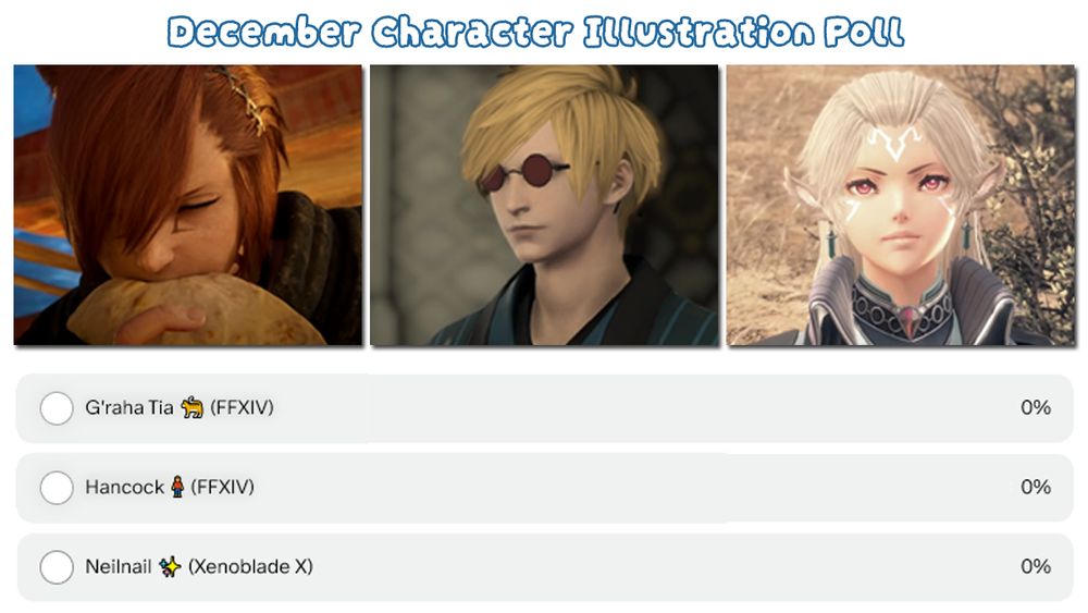 Image displaying a screenshot of the poll on patreon along with images of G'raha Tia, Hancock, and Neilnail. Text says "December Character Illustration Poll"