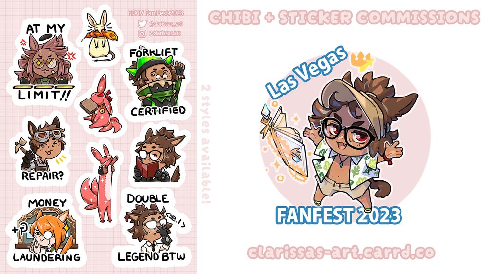 Image featuring information about sticker chibi and sticker commissions. There is an image of artwork for a sticker sheet featuring various ffxiv characters and a sticker design used for FFXIV fanfest 2023. The sticker designs present on the sticker sheet are drawn in a style to mimic the style used in the LINE stickers present in the FFXIV companion app. 