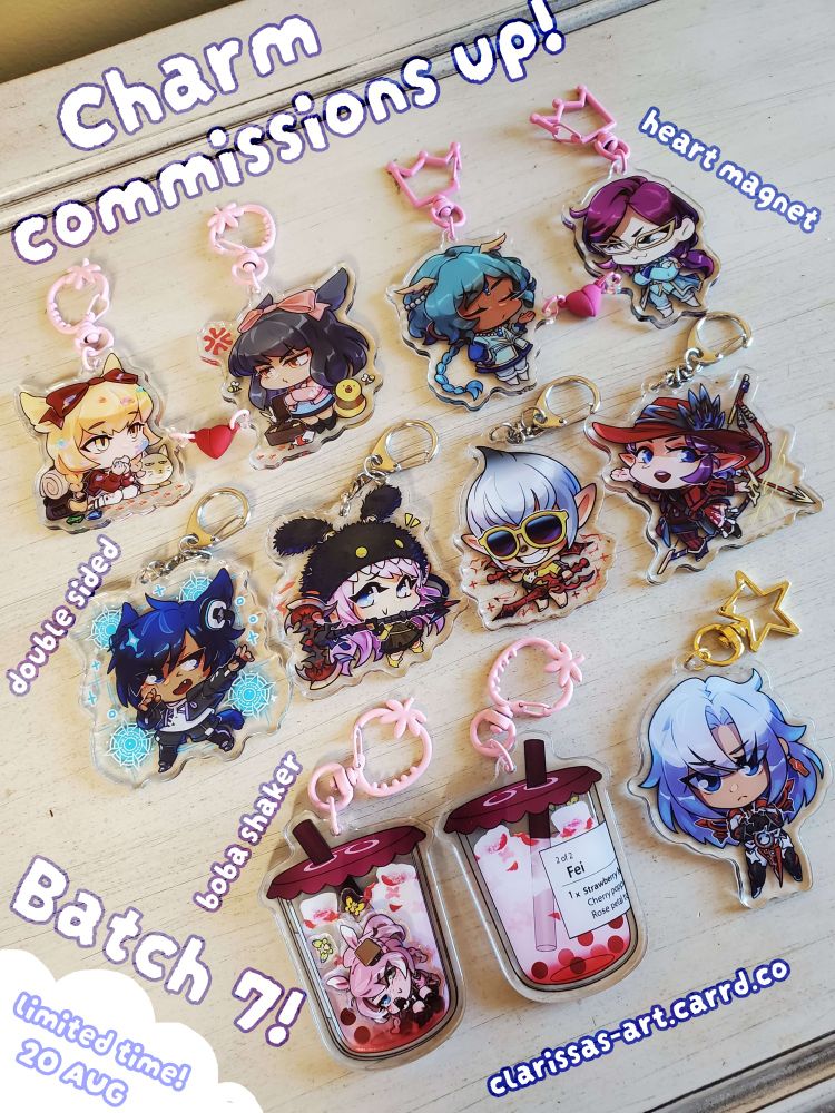 Photo of past charm commissions displaying each type: heart magnet, double sided standard, and boba shaker. 