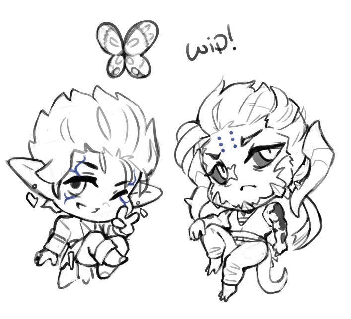 Work in progress sketch for charm commissions featuring an elezen and an au ra.