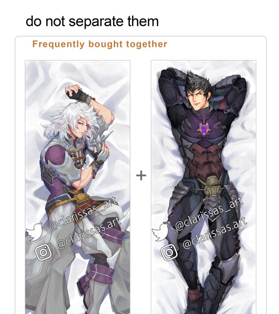 Screenshot mockup mimicking shop purchase suggestions that says "do not separate them" and "Frequently bought together". The items are Jin and Malos dakimakuras.