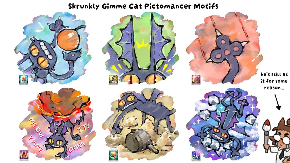 Parody pictomancer motifs featuring Gimme Cat. The style is kind of messy as if the images were drawn by an amateur pictomancer.