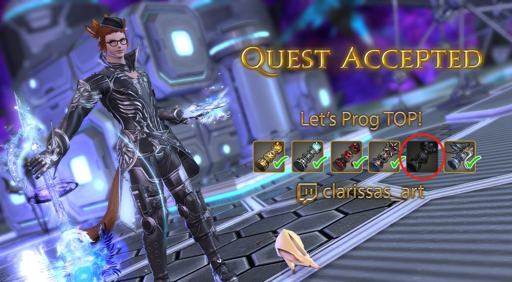 FFXIV gpose of my WoL wearing an omega themed glam. There's text on the image saying "Quest Accepted" and "Let's Prog TOP!" There are images of totems associated with UCOB, UWU, TEA, DSR, and FRU checked off with the totem for TOP circled in red.