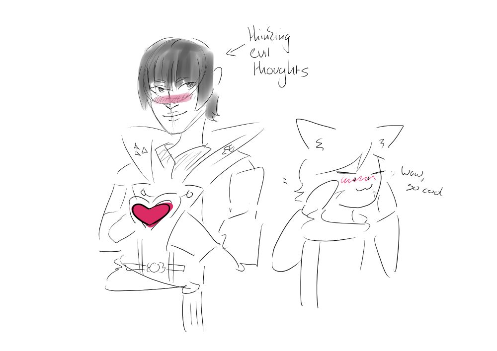 Doodle of Asahi sas Brutus making a heart with his hands and a blushing miqo'te 