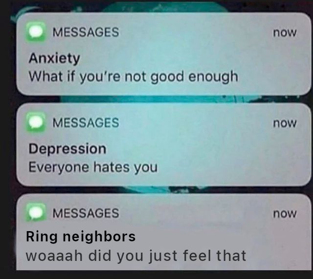fake screenshot of a series of text messages, from top to bottom

Anxiety: What if you're not good enough
Depression: Everyone hates you
Ring neighbors: woaaah did you just feel that
