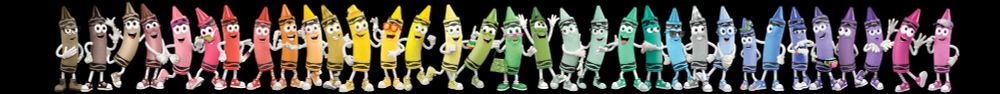 official marketing material by crayola, where they personified every single crayola color as cgi crayons with arms, legs, and a face. each color is in a different pose and some have extra accessories