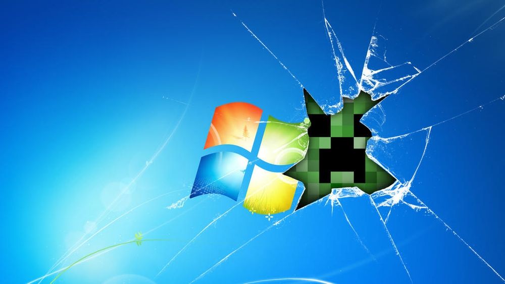 the default windows 7 wallpaper but with a crack with a creeper looking through it