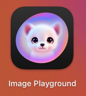 screenshot of a white cartoon puppy kitten hybrid enclosed inside a rainbow bubble with the text "Image Playground" below it