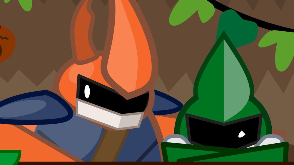 a frame from a cartoon where two cartoon beetles are seated at a bar table. a large orange beetle is holding the shoulder of a smaller green beetle, who looks sad and has their face buried in their arms.