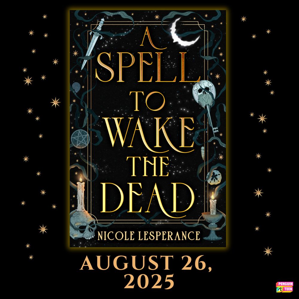 The book cover for A SPELL TO WAKE THE DEAD, with a black, watery background, gold stars, a moon, candles, skull, pentacle, horseshoe crab key, and dagger.