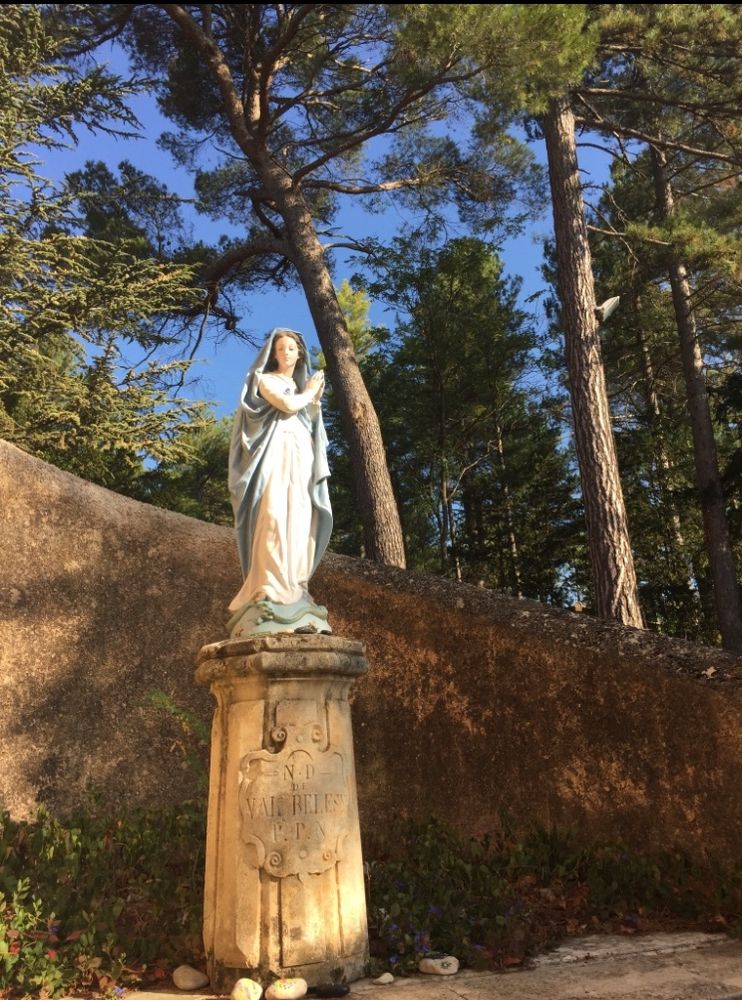 Maria op sokkel met op de achtergrond naaldbomen