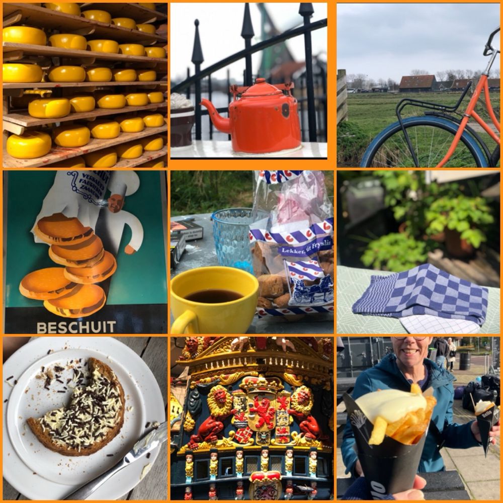 Een verzameling van negen miniaturen, typische Nederlandse dingen in tegeltjes:
1 ronde gele kazen
2 oranje ketel
3 oranje fiets
4 poster verkade beschuit
5 koffie met een pot koekjes
6 geruite theedoek
7 beschuit met hagelslag 
8 de achterkant schip Batavia met veel goud en twee leeuwe
9 puntzak friet met klodder mayonaise
