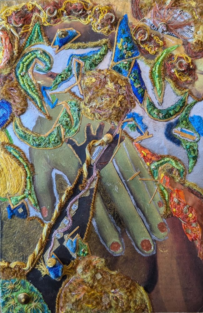 Central panel of triptych Breakthrough. Abstract forms move above & around 2 hand figures. 

One figure is an arm outstretched upward & with its hand open. The open hand lays over the 2nd figure -- a larger hand reaching downward.