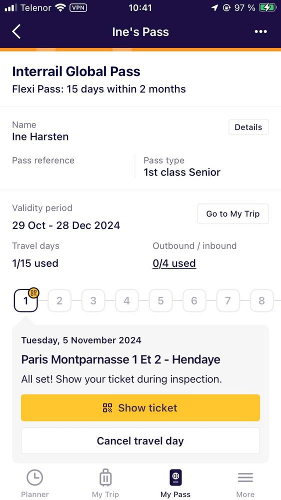 Rail Planner, med interrail pass og gyldig billett