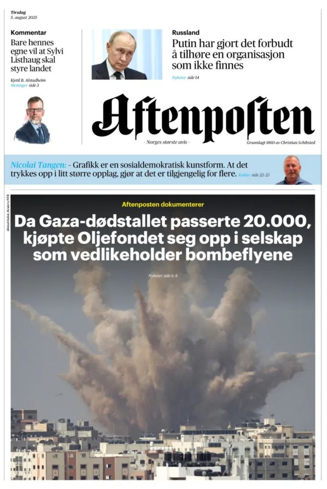 Aftenpoiten

Nicolai Tangen: - Grafikk er en sosialdemokratisk kunstform. At det trykkes opp i litt storre opplag, gior at det er tilgiengelig for flere. Kutur side 22-23 

Da Gaza-dodstallet passerte 20.000, kjopte Oljefondet seg opp i selskap som vedlikeholder bombeflyene
