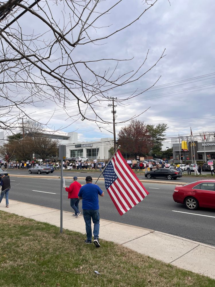 Photo of man holding upside down USA flag across street from line of protesters in front of Tesla dealership in Rockville Maryland 