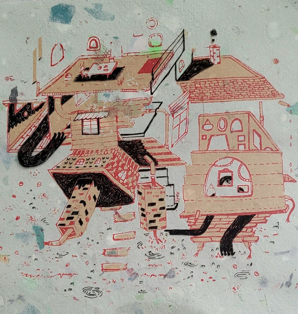 two layer screenprint of a disassembled house, printed in tan with red linework, on light mint green homemade paper. overlaid with acetate containing hand drawn black shadows