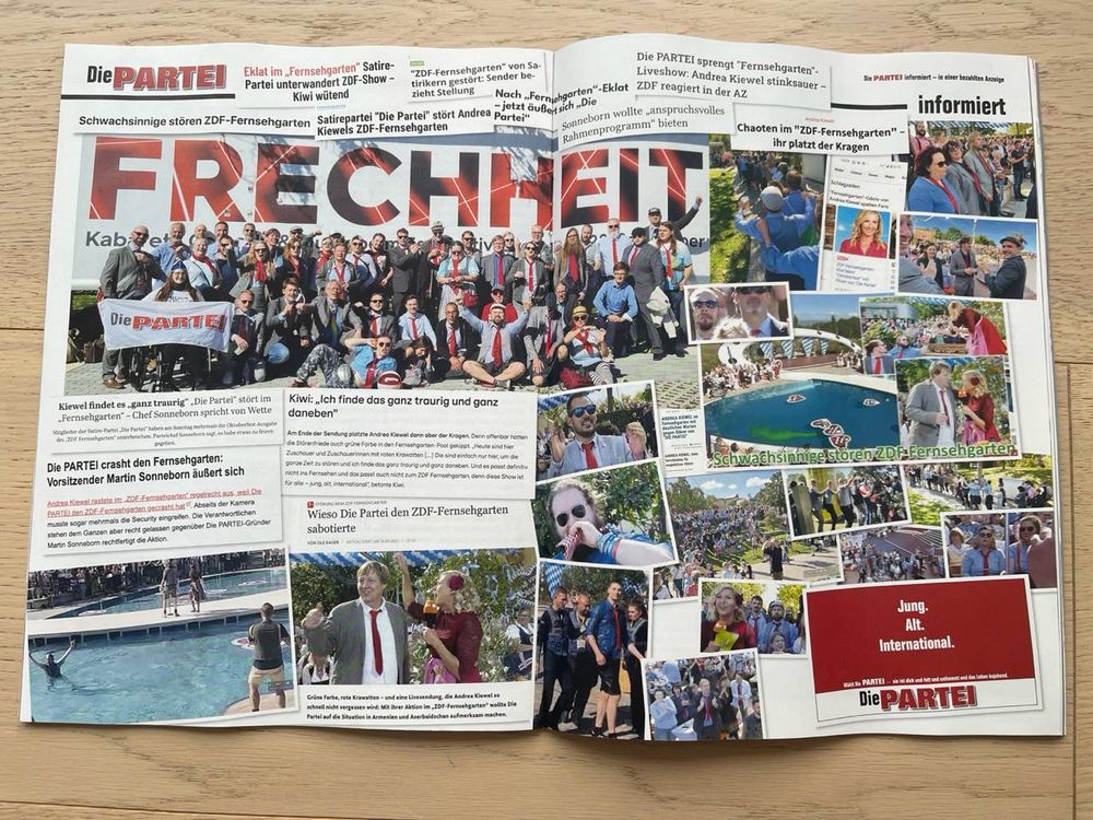 Doppelseitiger Artikel im Titanic-Magazin über den Ausflug der Partei Die PARTEI in den Fernsehgarten.