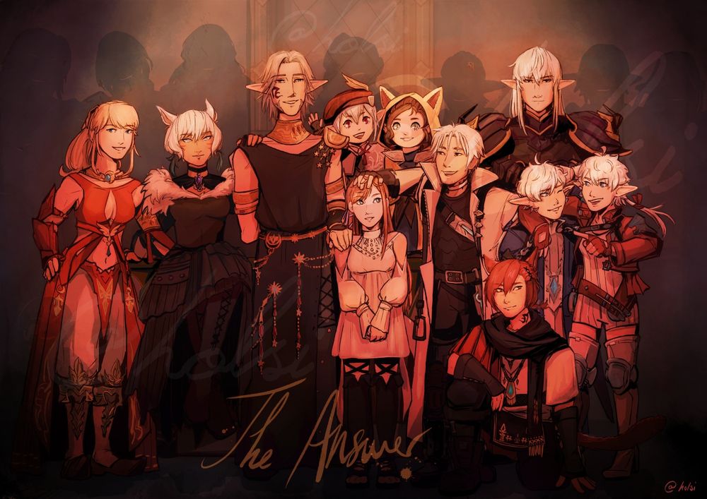 An illustration of characters from FFXIV, featuring the central Scions of the Seventh Dawn by the end of the main Endwalker expansion [including Ryne & Lyse]