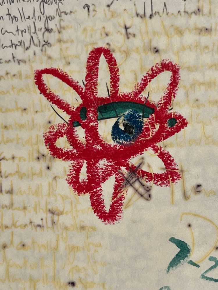 an oil pastel sketch of a blue eye with green lid 5 or 6 lashes that is also within the outline of a red atomic symbol, surrounded by palimpsest of written lines. 