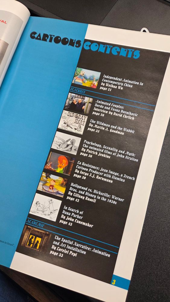 Image shows the table of contents for Cartoons: The International Journal of Animation, Volume 1, Issue 2, Winter 2005. My article, "Hollywood vs. Hicksville: Warner Bros. and Disney, in the 1930s" is the fourth feature in the section.