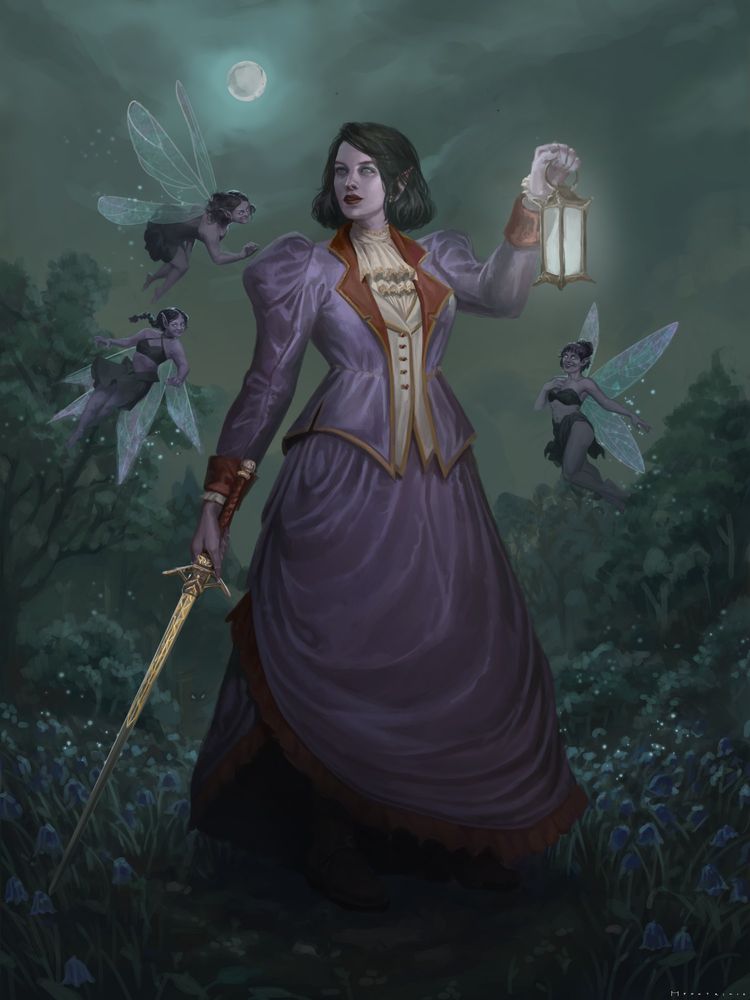 A back-haired Dark Elf in purple fine clothes is wandering through a moonlit-clearing in woodlands. She is holding a golden-bladed longsword in her right hand and an ornate lantern in her left. Mischievous but helpful-looking fae creatures are fluttering behind her.