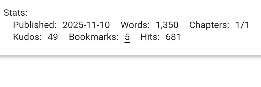 Ao3 stats for dani's latest fic-- "Published: 2025-11-10. Words: 1,350. Chapters: 1/1. Kudos: 49. Bookmarks: 5. Hits: 681."