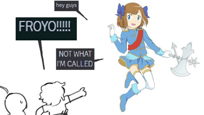 freya appears to a pair of figures, saying "hey guys". the guys point at her and say "FROYO!!!!!", whereupon she replies with "NOT WHAT I'M CALLED"