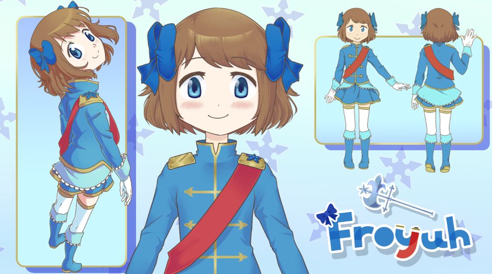 Freya's character reference sheet. She is a girl with pale skin, blue eyes, and fluffy shoulder-length brown hair adorned with dark blue ribbons. Her outfit is largely blue with gold trim, and features a striking red sash.