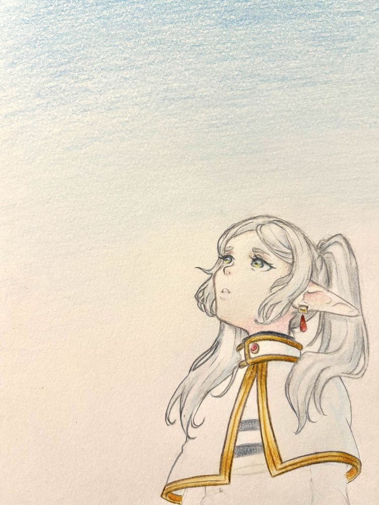 Frieren looking up at the sky with a wistful expression, the viewer is looking up at her from a low angle.