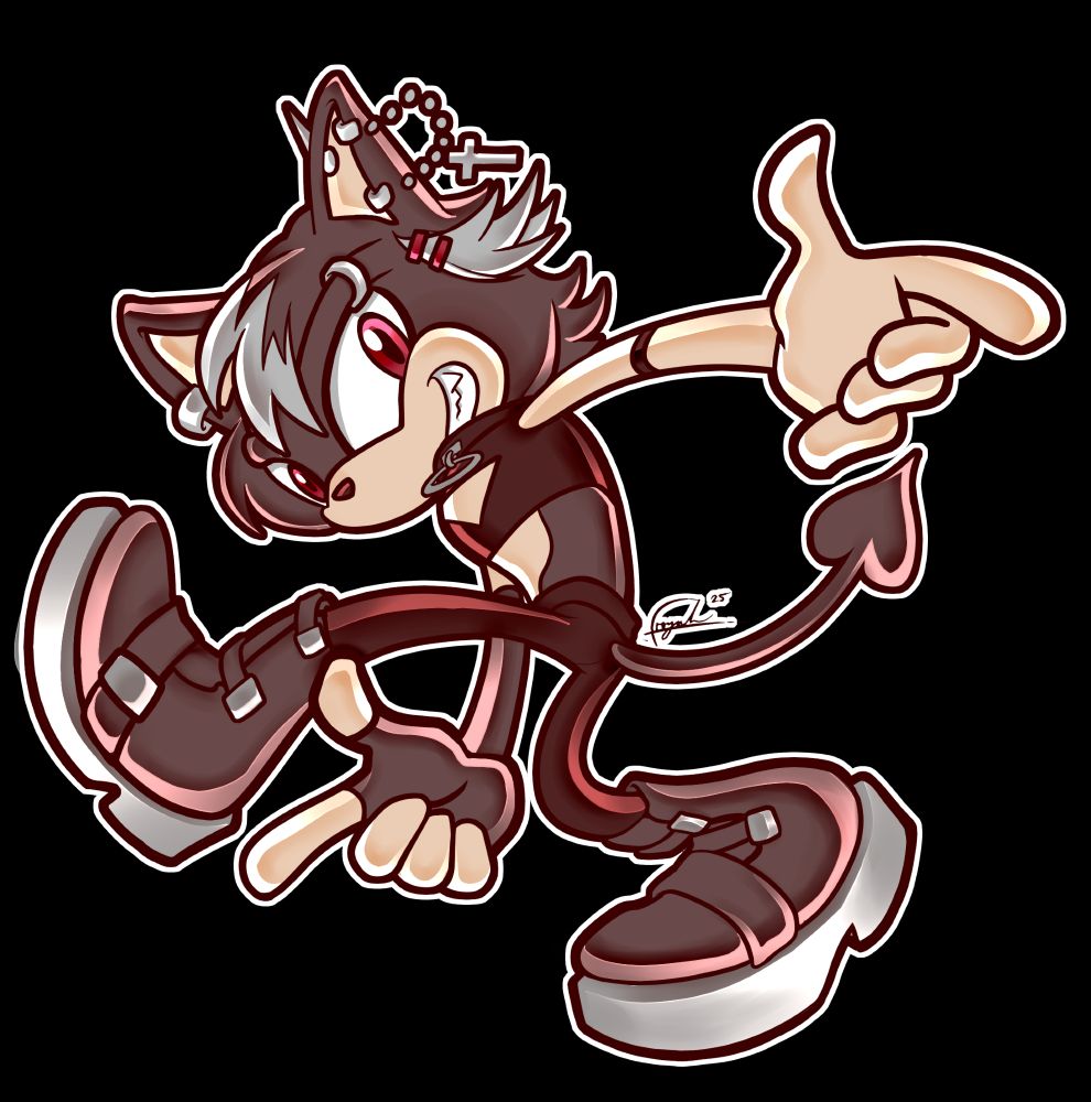 Enrico Zenitani but as a Sonic the Hedgehog character. He is in the classic "Sonic Adventure" pose, pointing both fingers at a wide angle with legs akimbo, all whilst turning to face the viewer. He wears a a black crop top and jeans, along with heavy black boots and assorted piercings and jewellery.