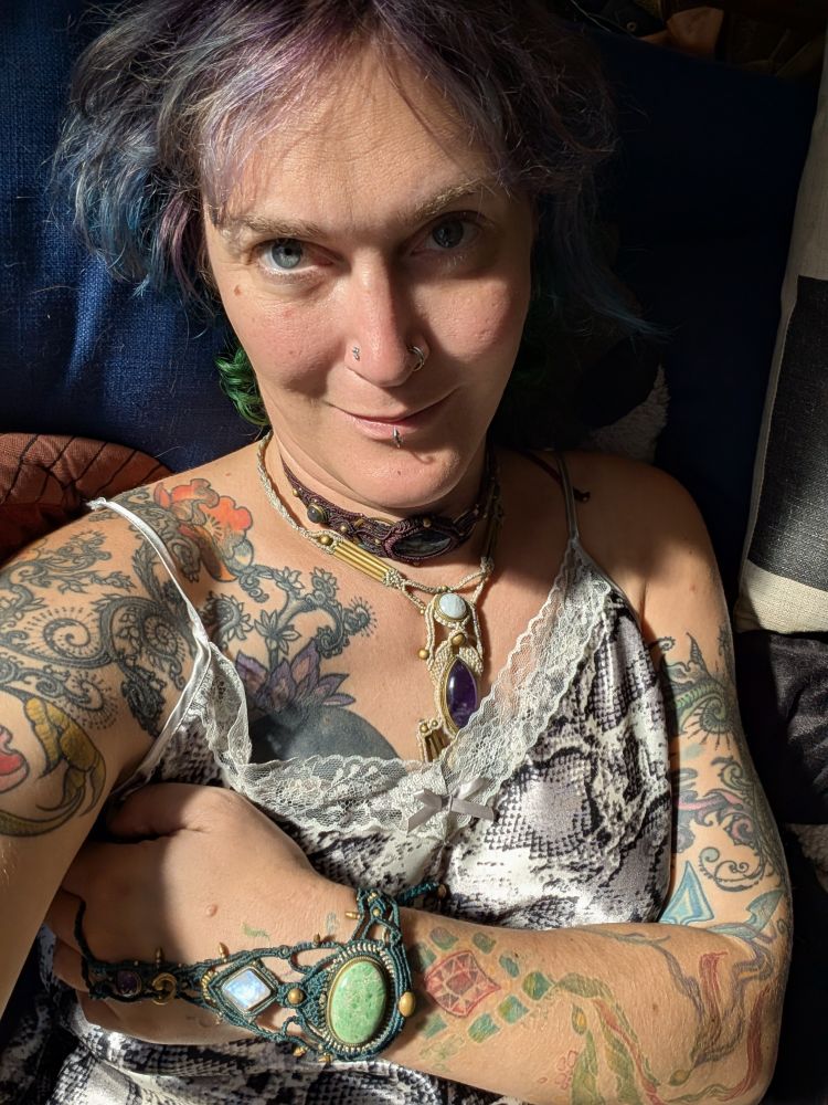 🤳Blue hair, big distinctive tattoos all over my torso and arms, a bunch of facial piercings particularly a labret, a one-of-a-kind marcame collar with big stone set in the middle