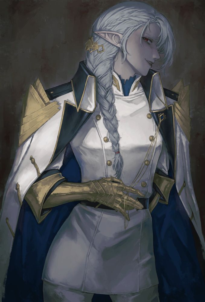 Illustration of my original character, Sir Mel Urselus, a dark elf paladin lady.

I somewhat made it so the illustration would fit if put next to the paintings of the witches in Umineko. Mel is an older dark elf lady. She has gray braided hair and pale gray-ish skin, making her look almost like a statue. She's wearing her current day paladin uniform, which consists of white navy uniform and golden gauntlets. Her long coat is worn like a cape with golden pauldrons in place of epaulettes. It's definitely more style over practicality.

At this time, this illustration is definitely my best one and Mel is definitely one of my favorite original characters. Somehow I made the texture of her clothes really nice even though I was just winging it. Though her armor bits are definitely not intricate enough. It's supposed to have more like an art deco feel to it.